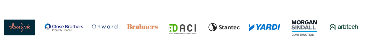UKREiiF Breakfast Sponsor Logos long transparent Place North UKREiiF Breakfast sponsored by Placefirst, Close Brothers Property Finance, Onward Homes, Brabners, DACI, Stantec, Yardi, Morgan Sindall Construction, and arbtech